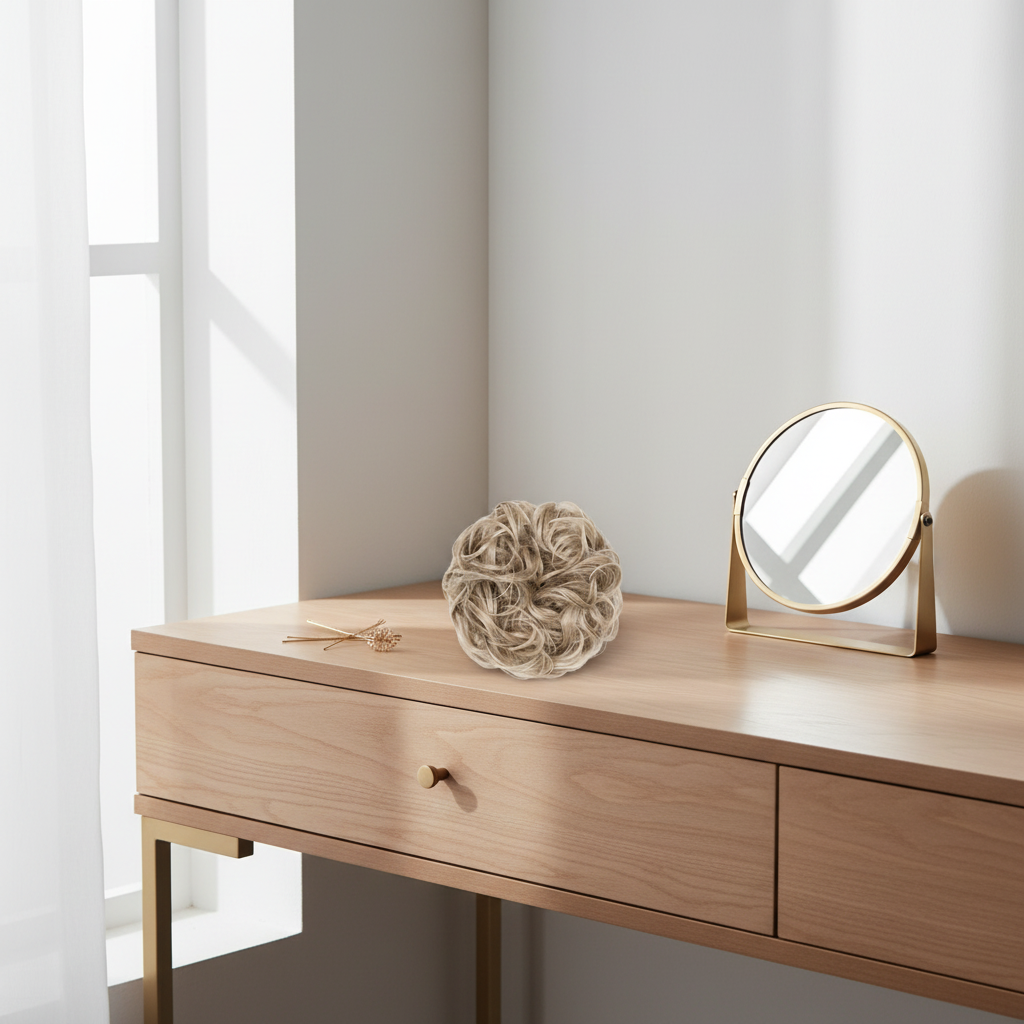 Cool ash blonde curly messy hair bun shade 112 Ash Moon on a dressing table vanity with natural window light, interior magazine styling