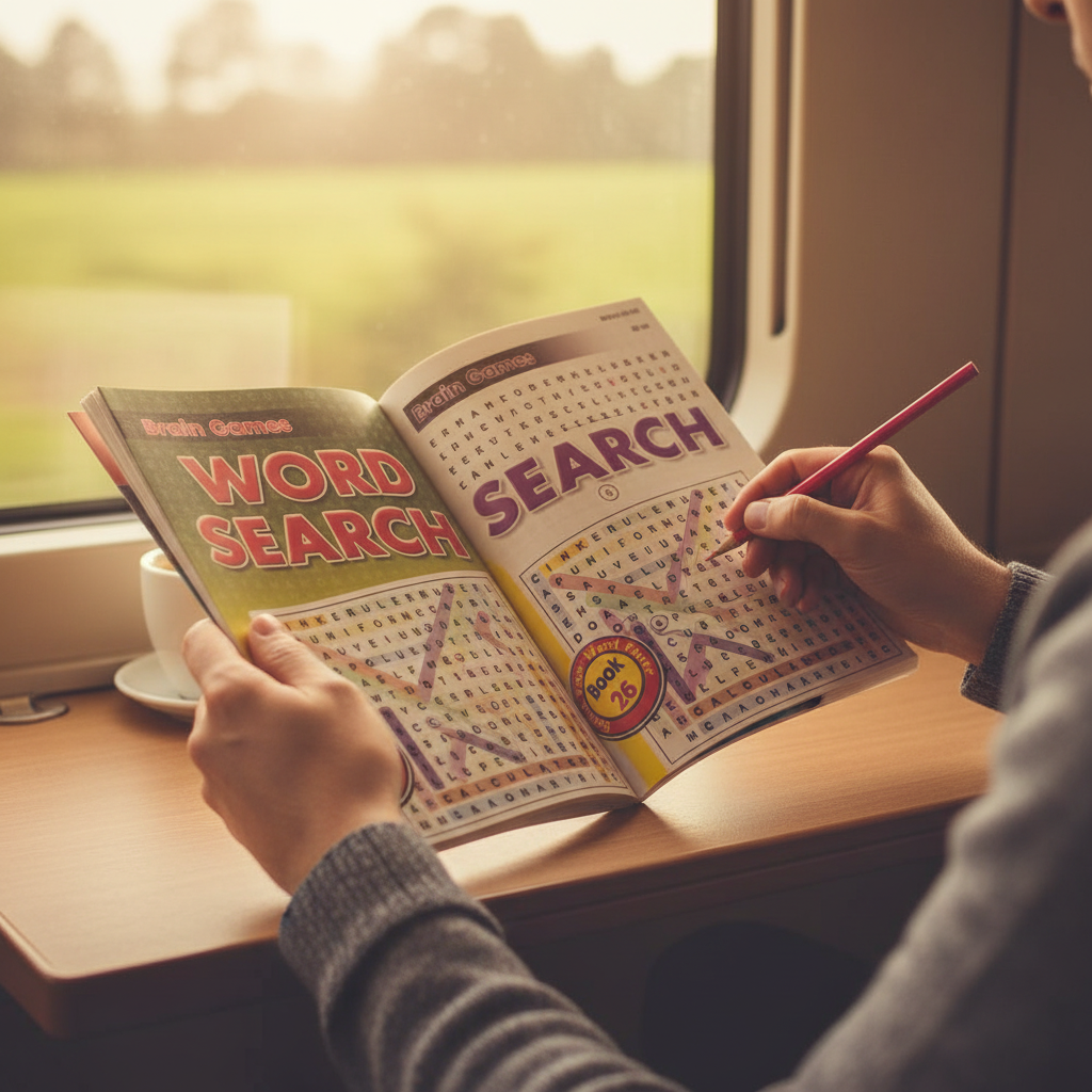Person solving Wordsearch Book A5 puzzles on a train journey