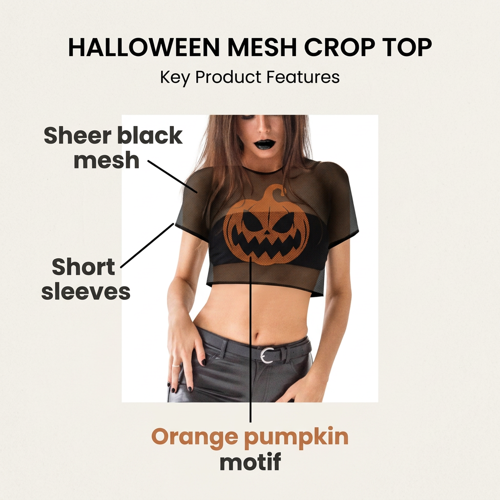 Woman modelling the pumpkin crop top with callouts for sheer black mesh, short sleeves and orange pumpkin motif.