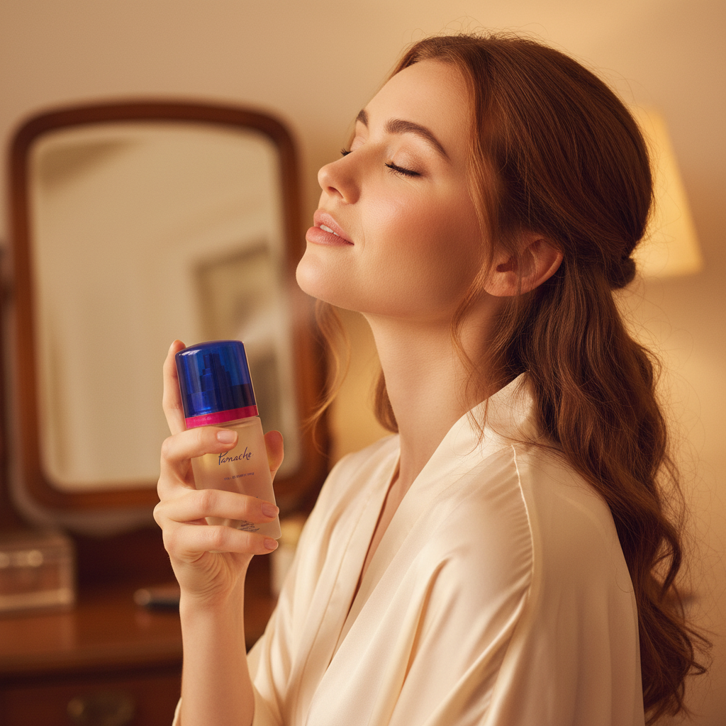 Woman spritzing Panache EDP onto her neck, candid lifestyle shot with creamy bokeh background