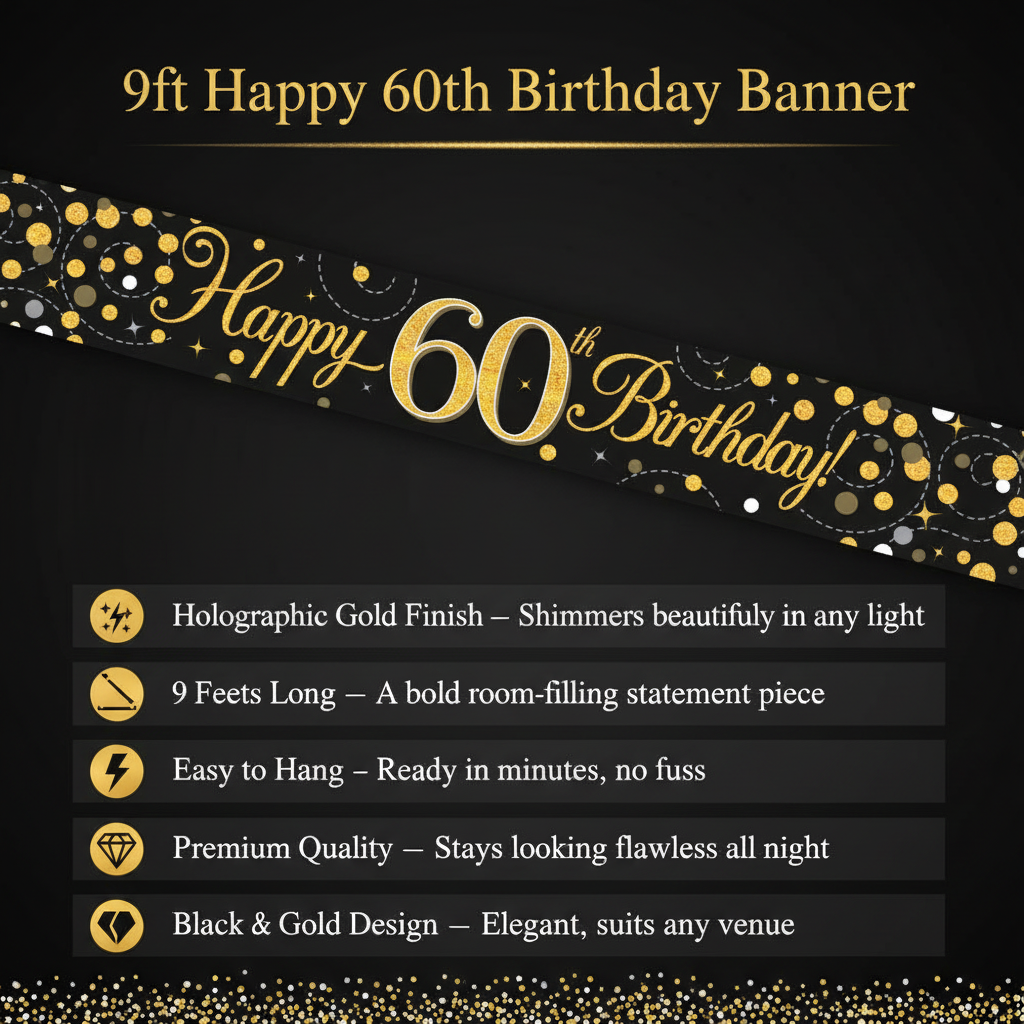 9ft Happy 60th Birthday Banner black and gold holographic party decoration with gold shimmer lettering – premium Oaktree quality, 9 feet long, easy to hang