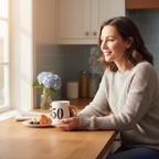 Person enjoying morning coffee from Art Deco 50th birthday mug in cozy kitchen setting