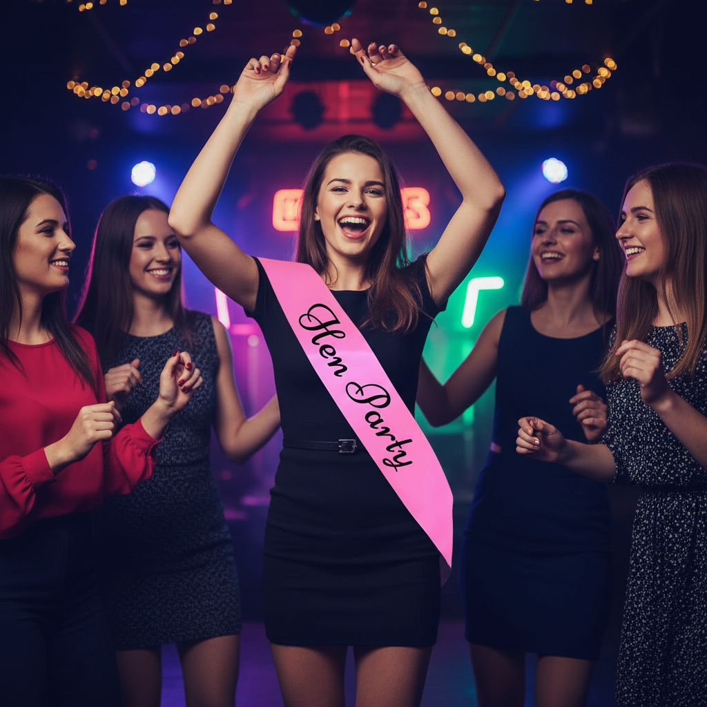 Woman wearing pink hen party sash dancing on a night out with friends at a bar