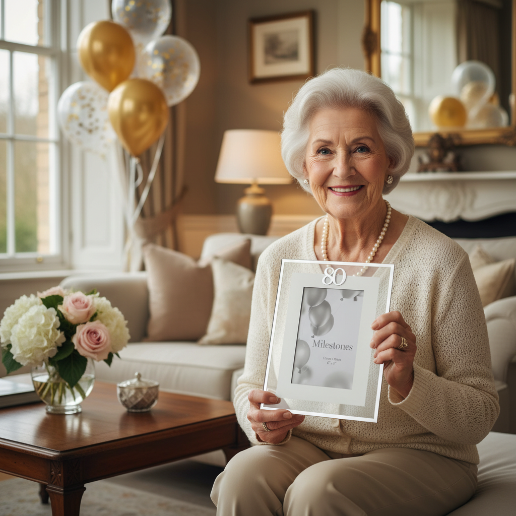 Elderly woman smiling and holding the Milestones Silver Age 80 Photo Frame as a birthday gift