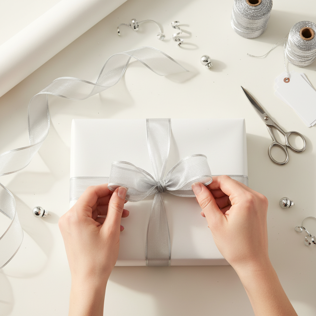 Hands wrapping elegant gift with silver organza ribbon creating perfect bow