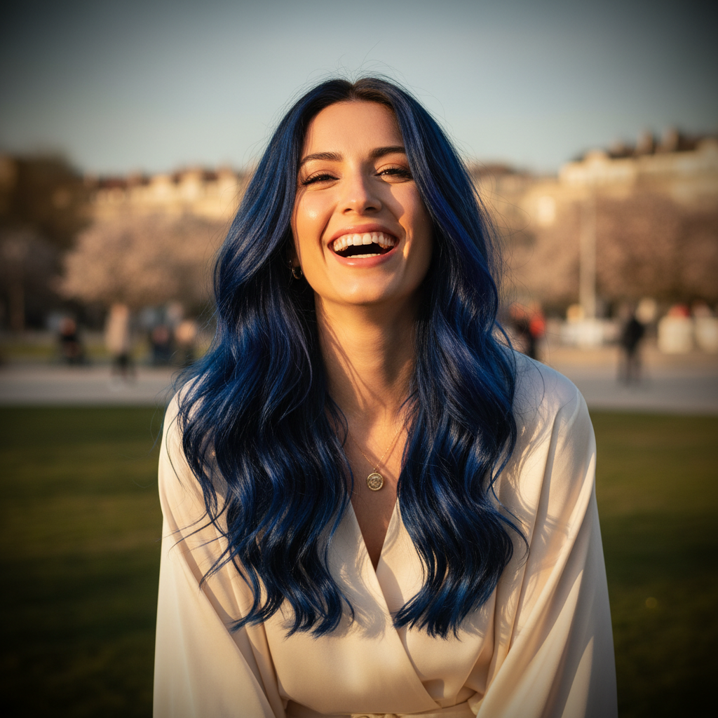 Woman with vibrant midnight blue hair laughing in golden hour light, showing the aspirational result of La Riche Directions Midnight Blue