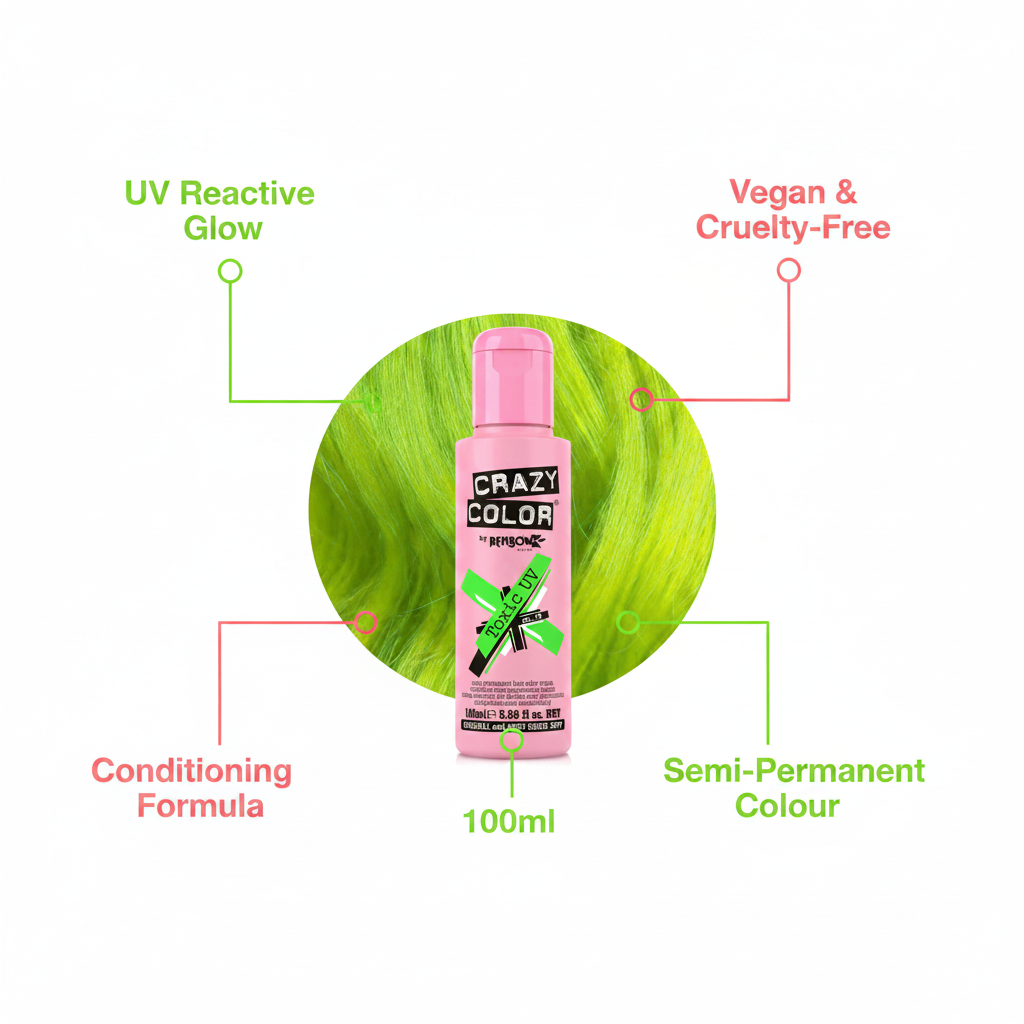 Crazy Color Toxic UV Green Hair Dye 100ml feature infographic highlighting UV reactive, vegan, conditioning formula, semi-permanent and 100ml size