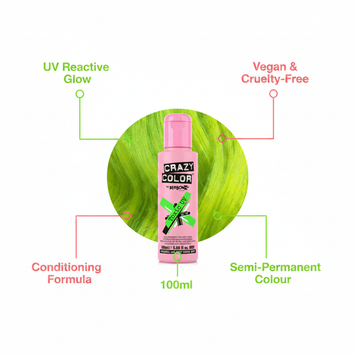 Crazy Color Toxic UV Green Hair Dye 100ml feature infographic highlighting UV reactive, vegan, conditioning formula, semi-permanent and 100ml size