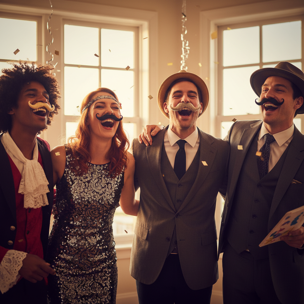 Group of friends wearing assorted fancy dress moustaches laughing together at a party – golden hour warm cinematic light
