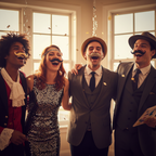 Group of friends wearing assorted fancy dress moustaches laughing together at a party – golden hour warm cinematic light