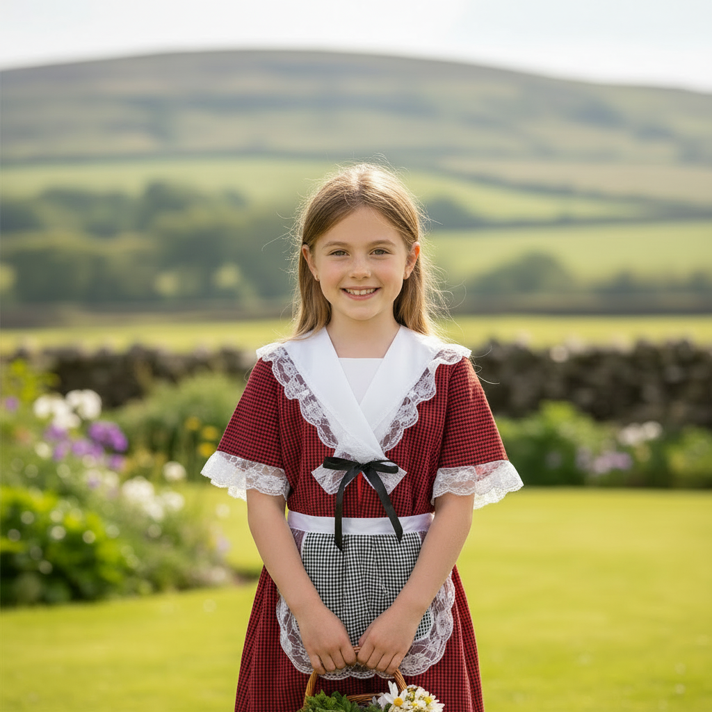 Happy girl aged 9-10 years wearing traditional Welsh costume with red dress and white lace in cozy home setting