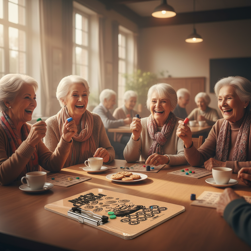 Elderly friends laughing and playing bingo together with Tallon Lucky Charm Bingo Board on table