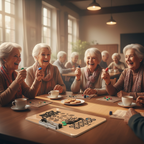 Elderly friends laughing and playing bingo together with Tallon Lucky Charm Bingo Board on table