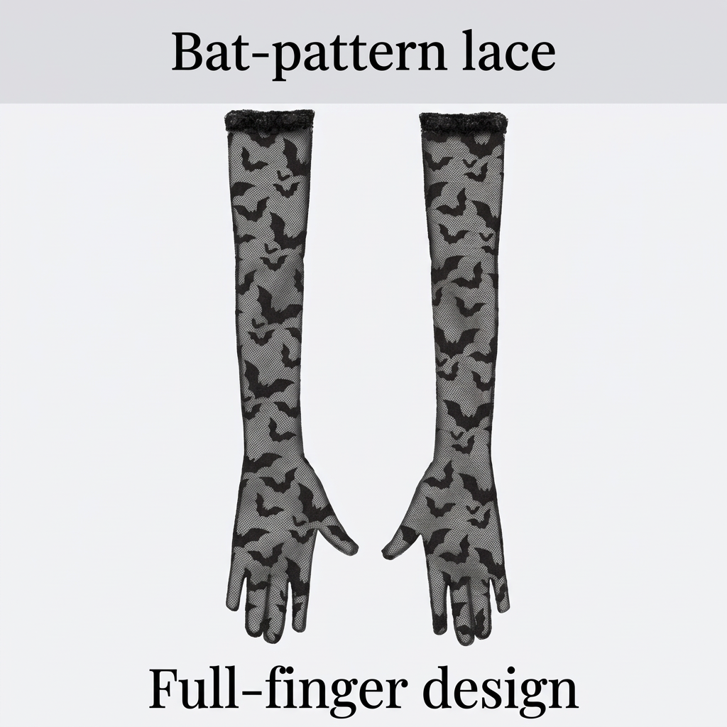 Black bat lace gloves with captions highlighting the bat pattern and full-finger design.