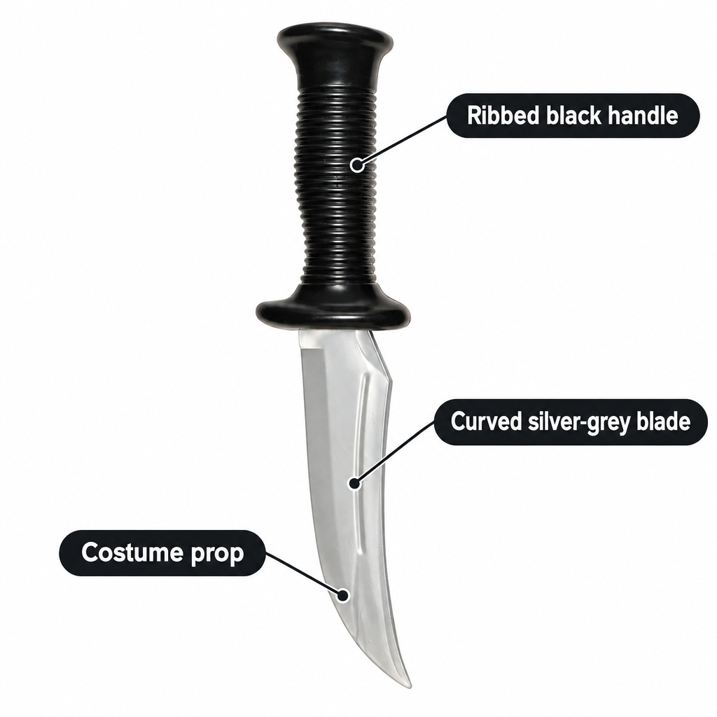 Ghost Face knife prop infographic pointing out black ribbed handle, curved silver-grey blade and costume prop use