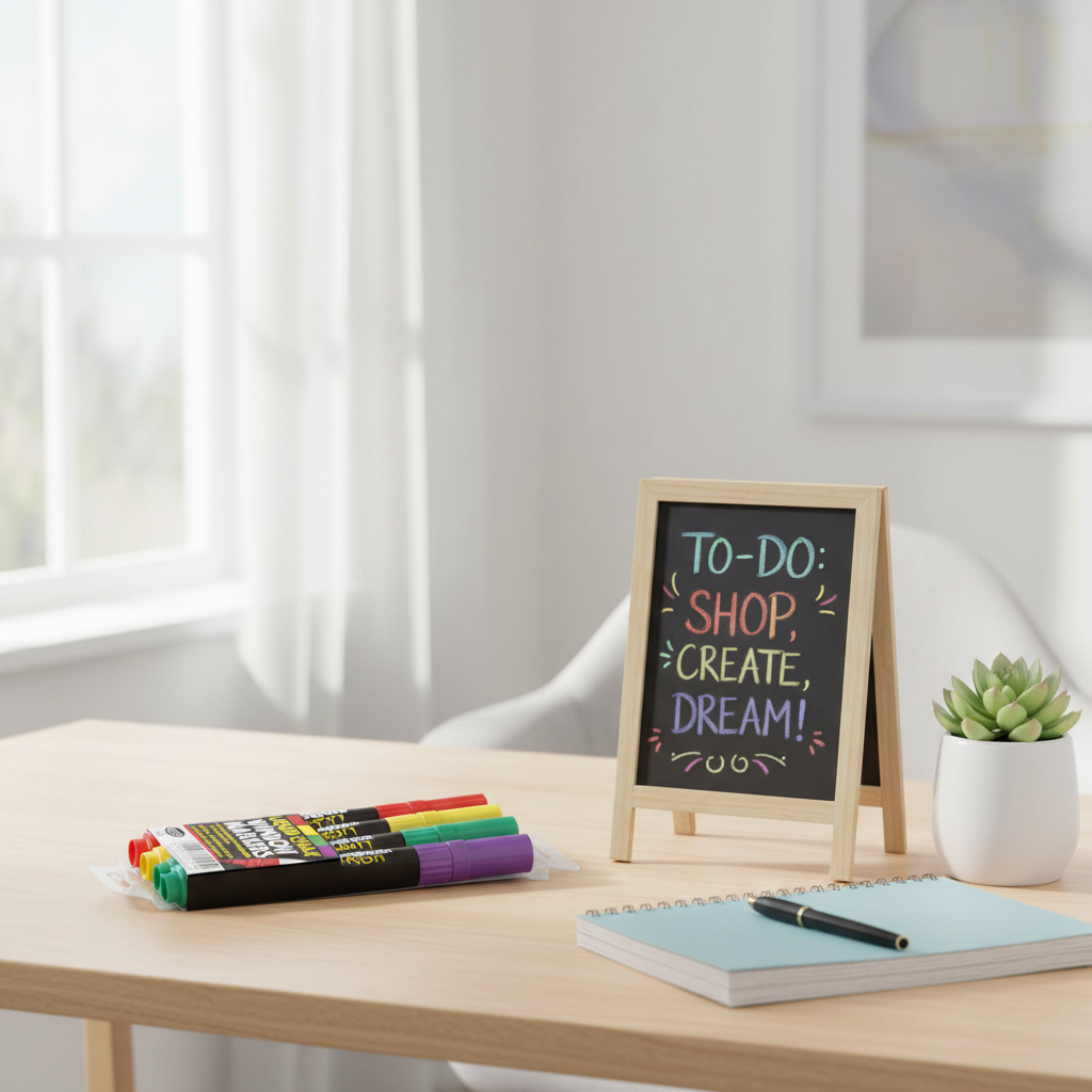 Pack of 4 liquid chalk pens on a wooden desk beside a small chalkboard in a bright home setting with natural window light