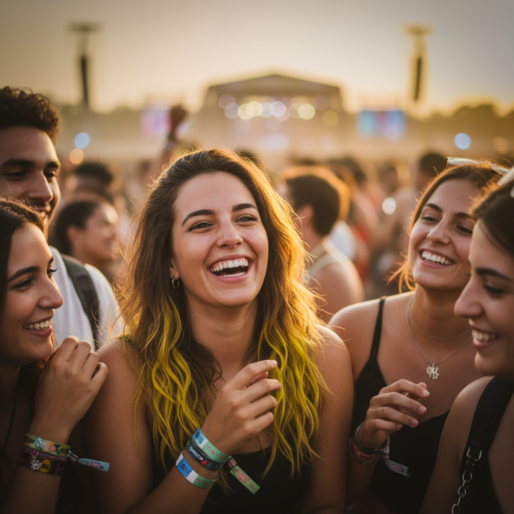 Young woman with vivid yellow temporary hair colour laughing joyfully at a music festival, golden hour light