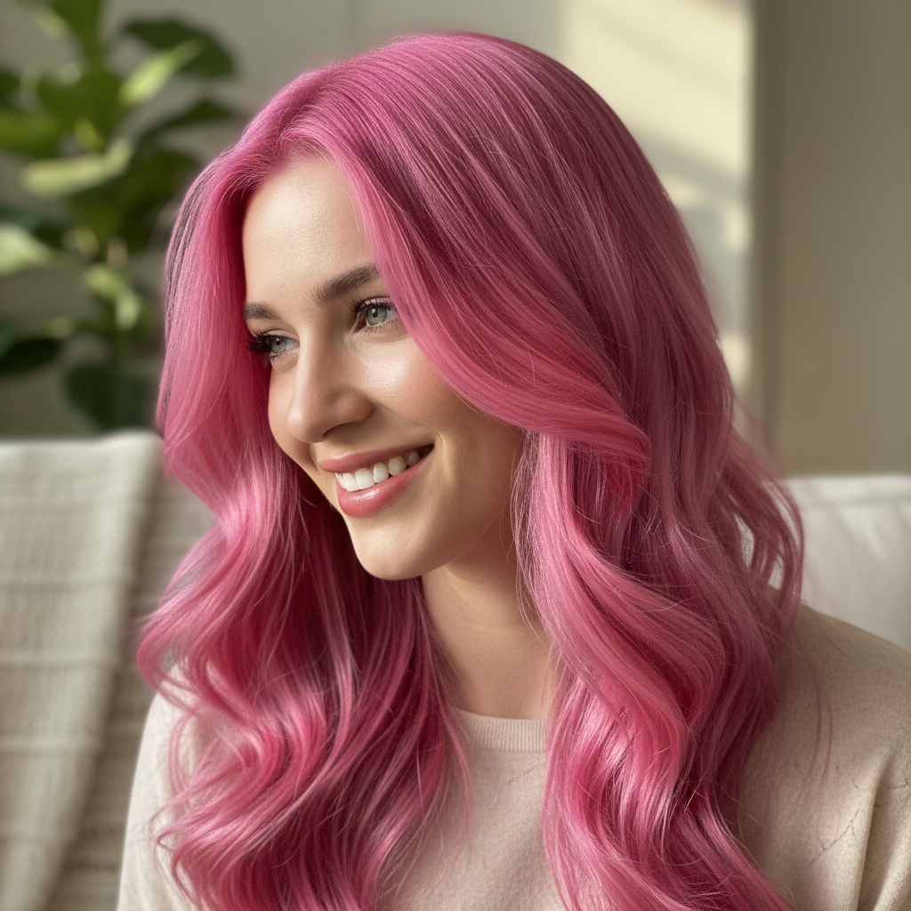 Woman with glossy, vibrant flamingo pink hair showing the beautiful result of using La Riche Directions hair dye