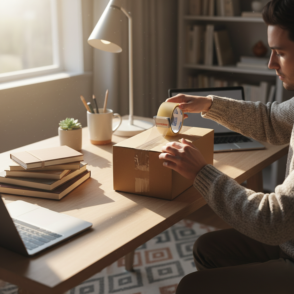 Person sealing a cardboard parcel with Ultratape clear packing tape at a home office desk