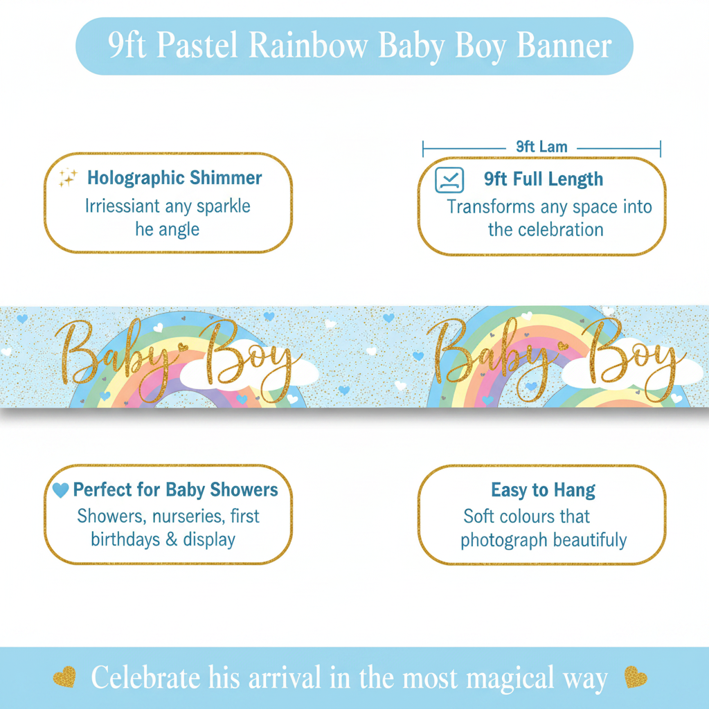 9ft Pastel Rainbow Baby Boy Holographic Banner – baby blue glitter banner with gold script Baby Boy text, pastel rainbow arcs, white clouds and blue heart confetti, 9ft length, perfect baby shower nursery and first birthday party decoration