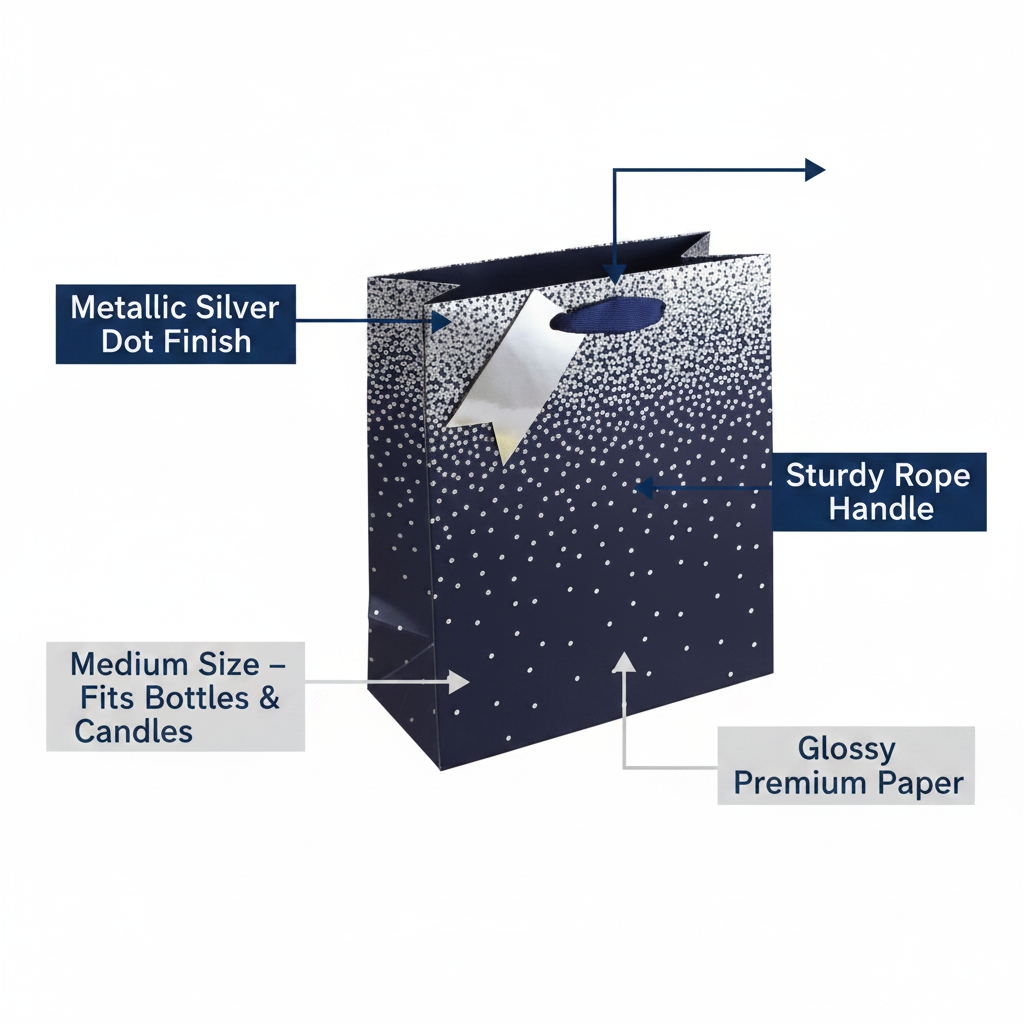 Navy ombre gift bag feature infographic highlighting metallic silver dot finish, rope handle, medium size, glossy paper and reusable design