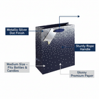 Navy ombre gift bag feature infographic highlighting metallic silver dot finish, rope handle, medium size, glossy paper and reusable design