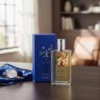 D&M Fragrances Immortal For Men 100ml EDT royal blue box and clear glass bottle on dark marble surface beside a watch and pocket square, natural window light, rule of thirds, magazine quality