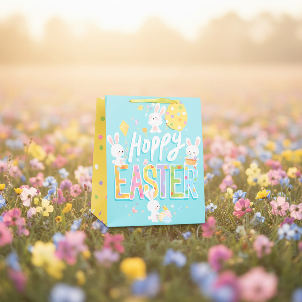 Easter Bunny Hoppy Easter Gift Bag Medium Multi-Coloured 10x8.5 inch product shot on spring meadow background