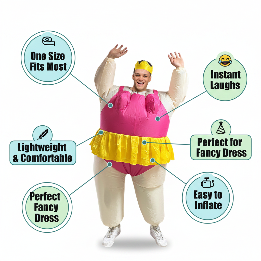 Inflatable Funny Ballerina costume feature infographic with callout labels — A+ content style