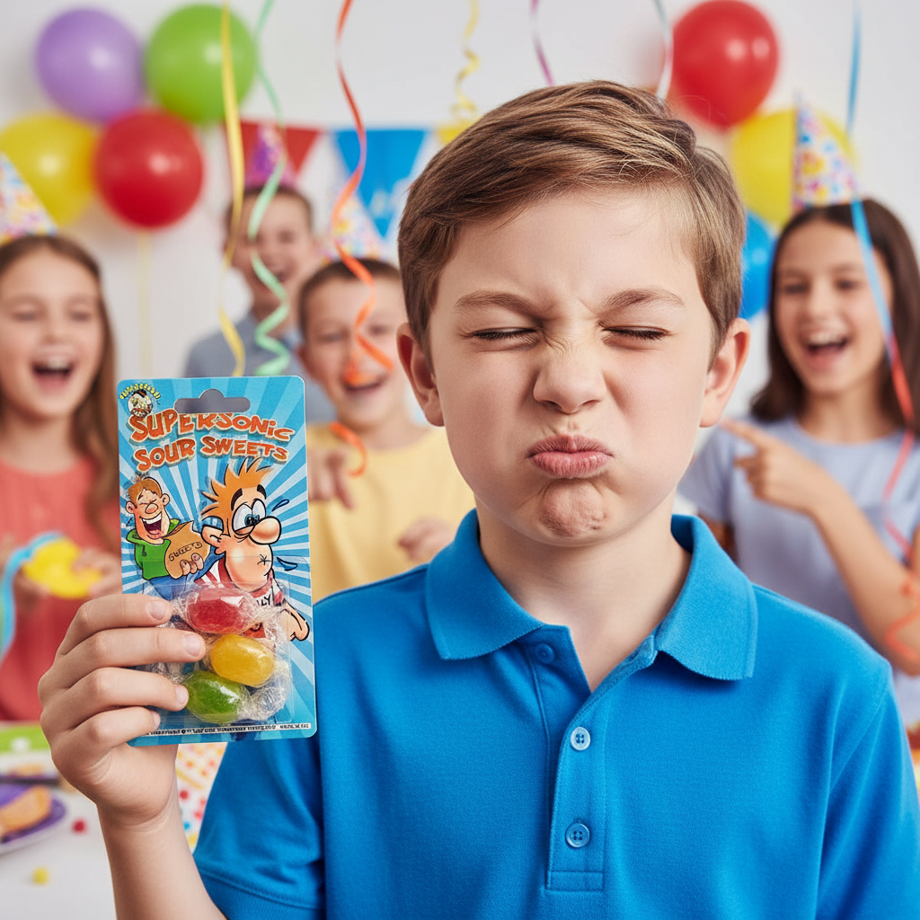 Boy pulling exaggerated sour face holding Funnyman Supersonic Sour Sweets blue blister card at birthday party with friends laughing