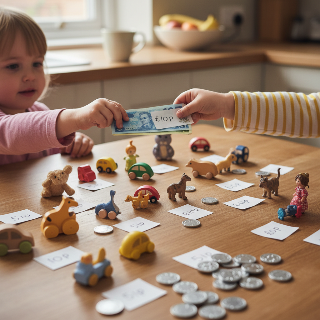 Two children exchanging Sterling Play Money notes and coins in a toy shop setup on a kitchen table