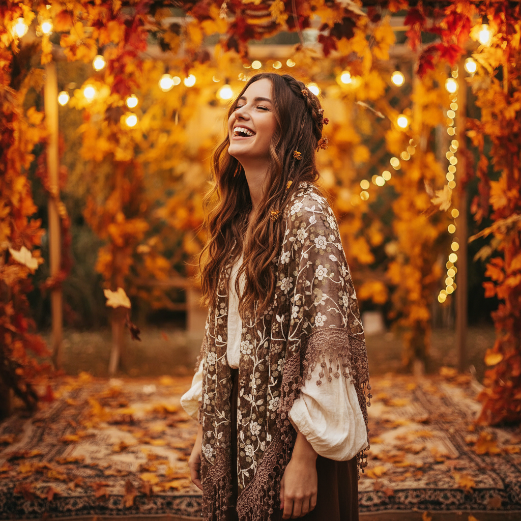 Woman wearing coffee brown bohemian lace shawl at outdoor autumn festival with golden fairy lights