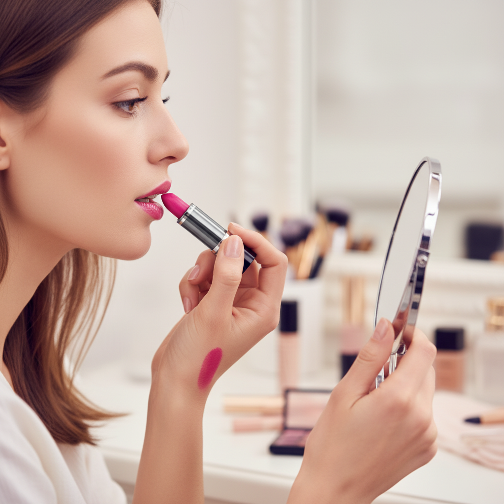 Woman applying Laval Lipstick Passion Pink 78 at vanity mirror in candid lifestyle moment