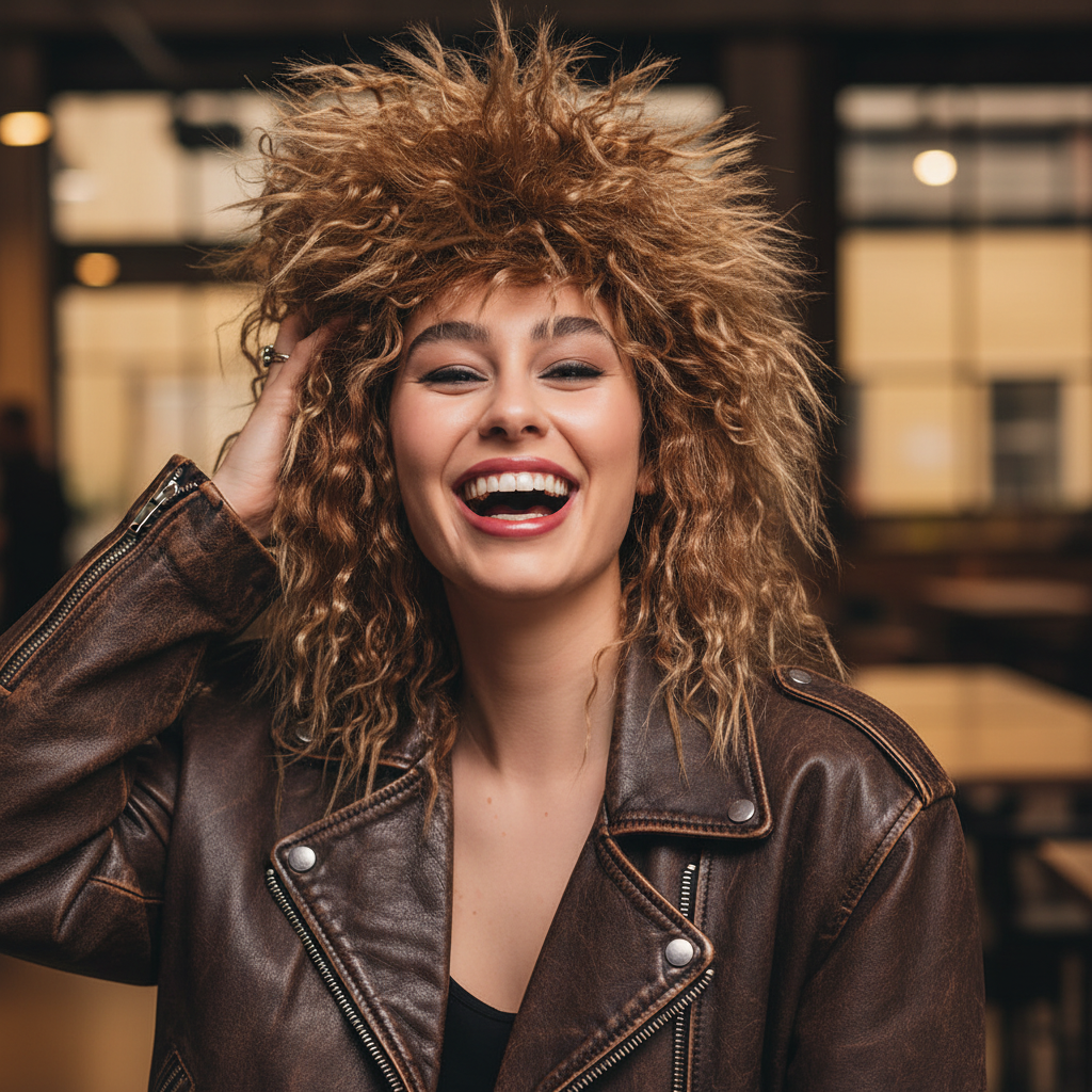 Woman wearing 80s Tina Brown Wig laughing in leather jacket, candid lifestyle photo