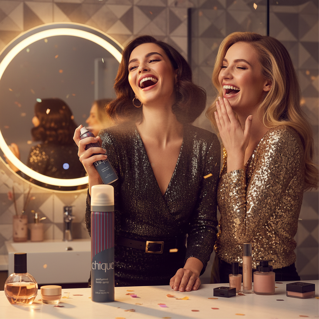 Woman spritzing Chique body spray getting ready for a night out with friends