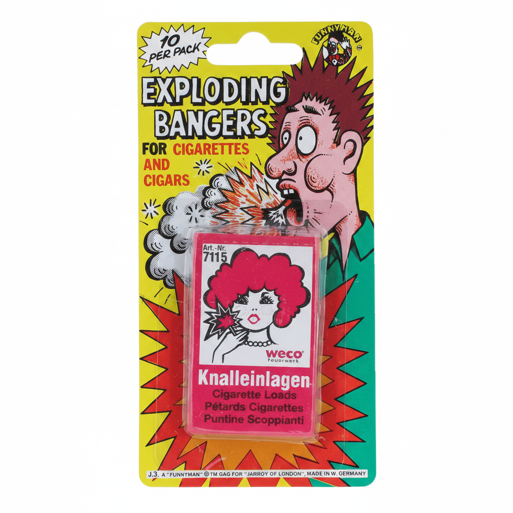 Funnyman joke exploding cigarette bangers yellow blister card pack on white background, hero shot