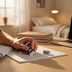 Teenager's hand using an eraser to correct a pencil mistake in an exercise book with pencil sharpener beside it on a study desk