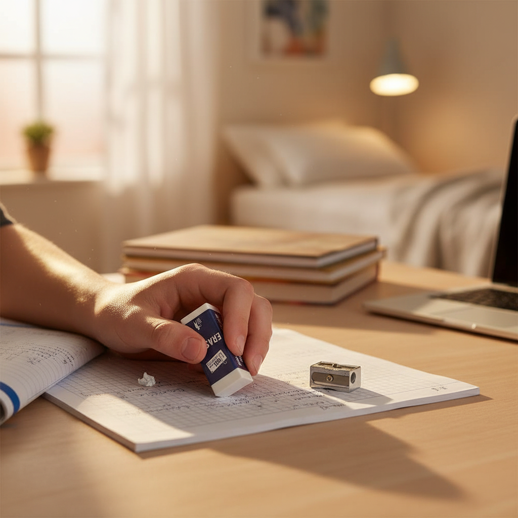 Teenager's hand using an eraser to correct a pencil mistake in an exercise book with pencil sharpener beside it on a study desk