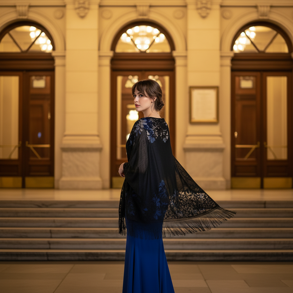 Elegant woman wearing black lace pashmina shawl on steps of grand theatre at night