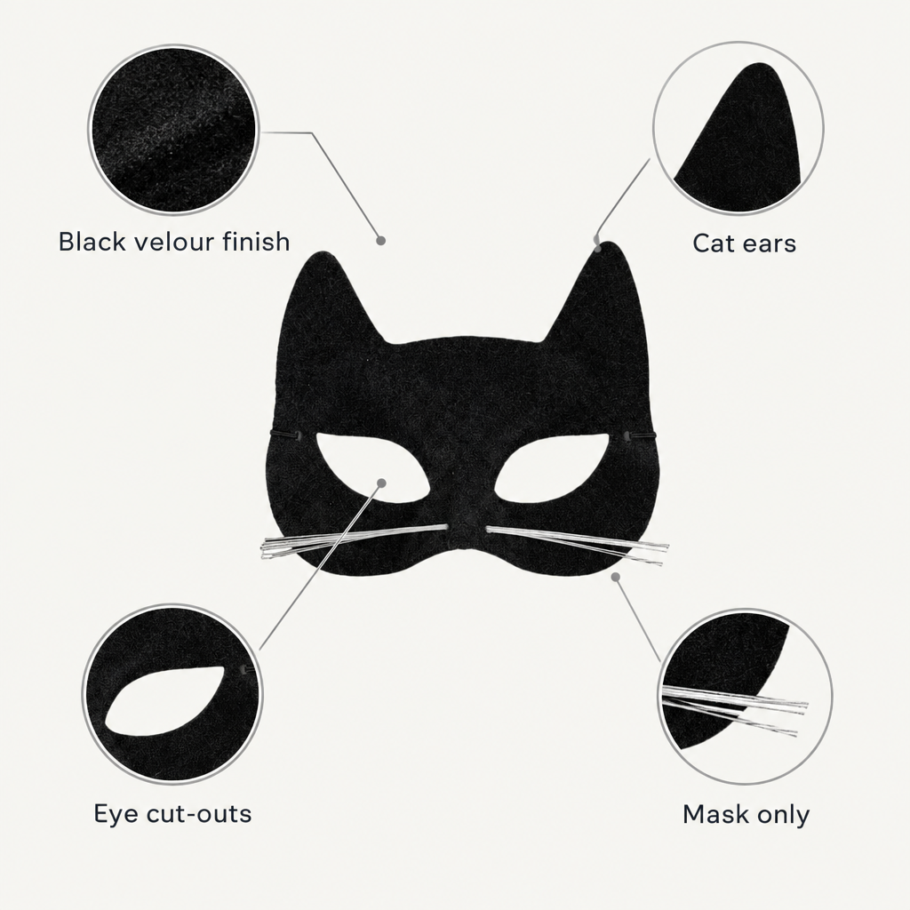 Feature graphic of black velour cat mask highlighting ears, eye cut-outs and whiskers