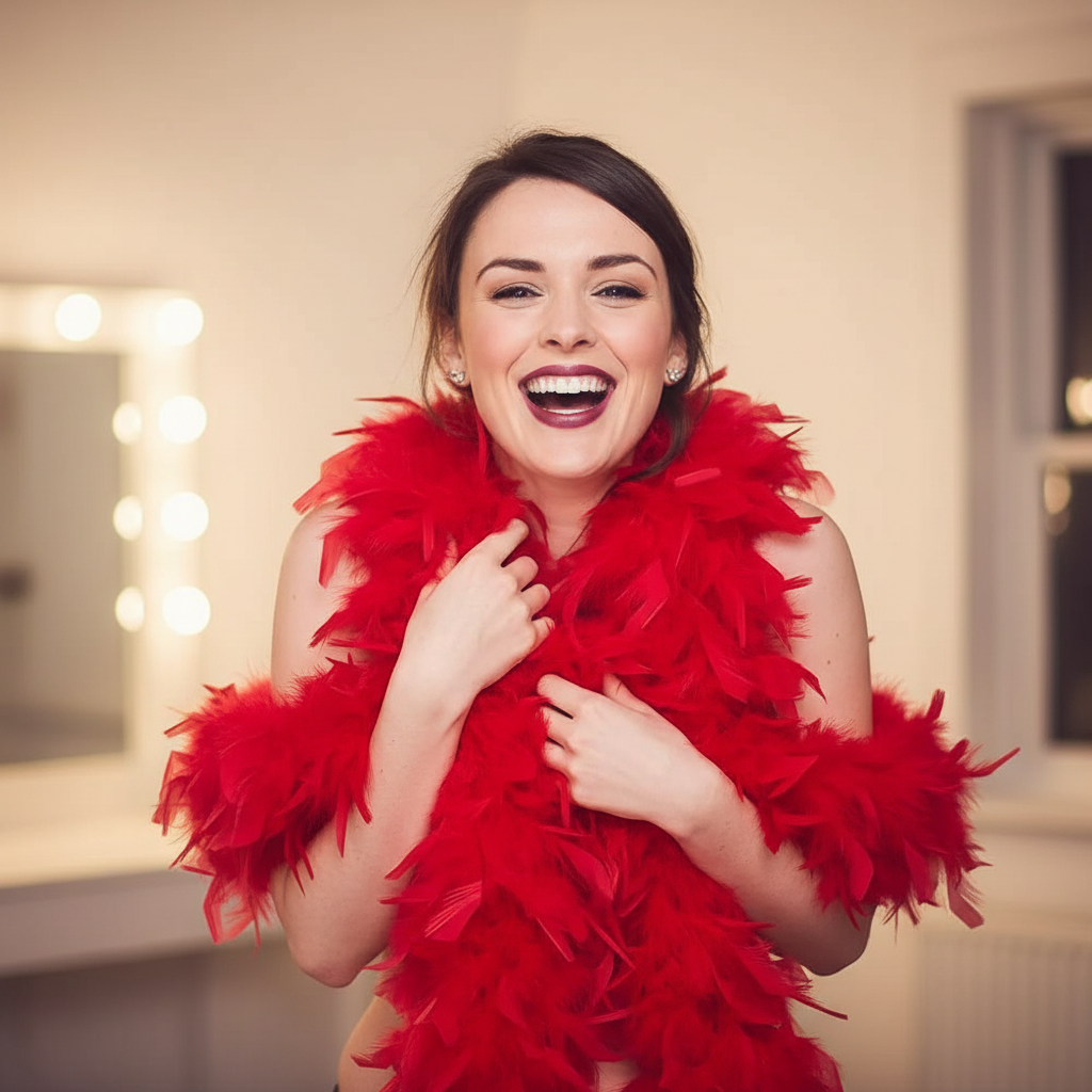 Woman playfully wrapping a vivid scarlet red feather boa around her neck, candid lifestyle photography