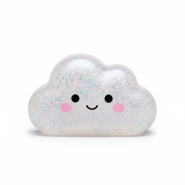 Squidgy Clouds In Box pearlescent white squishy cloud toy with multicolour glitter on white studio background