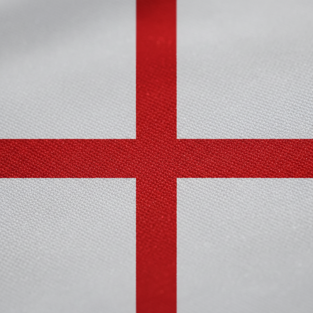 Macro close-up of England St George Cross flag fabric showing vivid red and white woven polyester texture detail