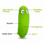 Stretchy Squishy Crazy Cucumber feature infographic showing key product highlights including stretchy texture, googly eyes and age 3 plus
