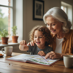 Grandmother and grandchild enjoying Large Print Word Search Books 72 Puzzles together at kitchen table