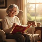 Elderly woman enjoying Large Print Wordsearch Book in a cosy armchair at home