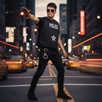 Police vest costume in action - double-sided design clearly visible in dynamic pose