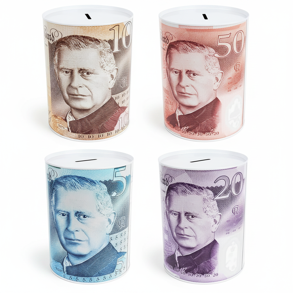 King Charles III novelty banknote saving tin cylindrical steel white lid coin slot 9 inches tall studio product shot white background