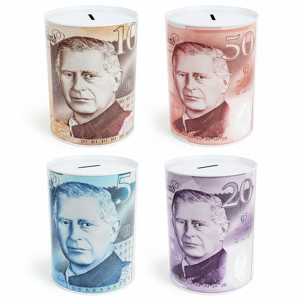 King Charles III novelty banknote saving tin cylindrical steel white lid coin slot 9 inches tall studio product shot white background