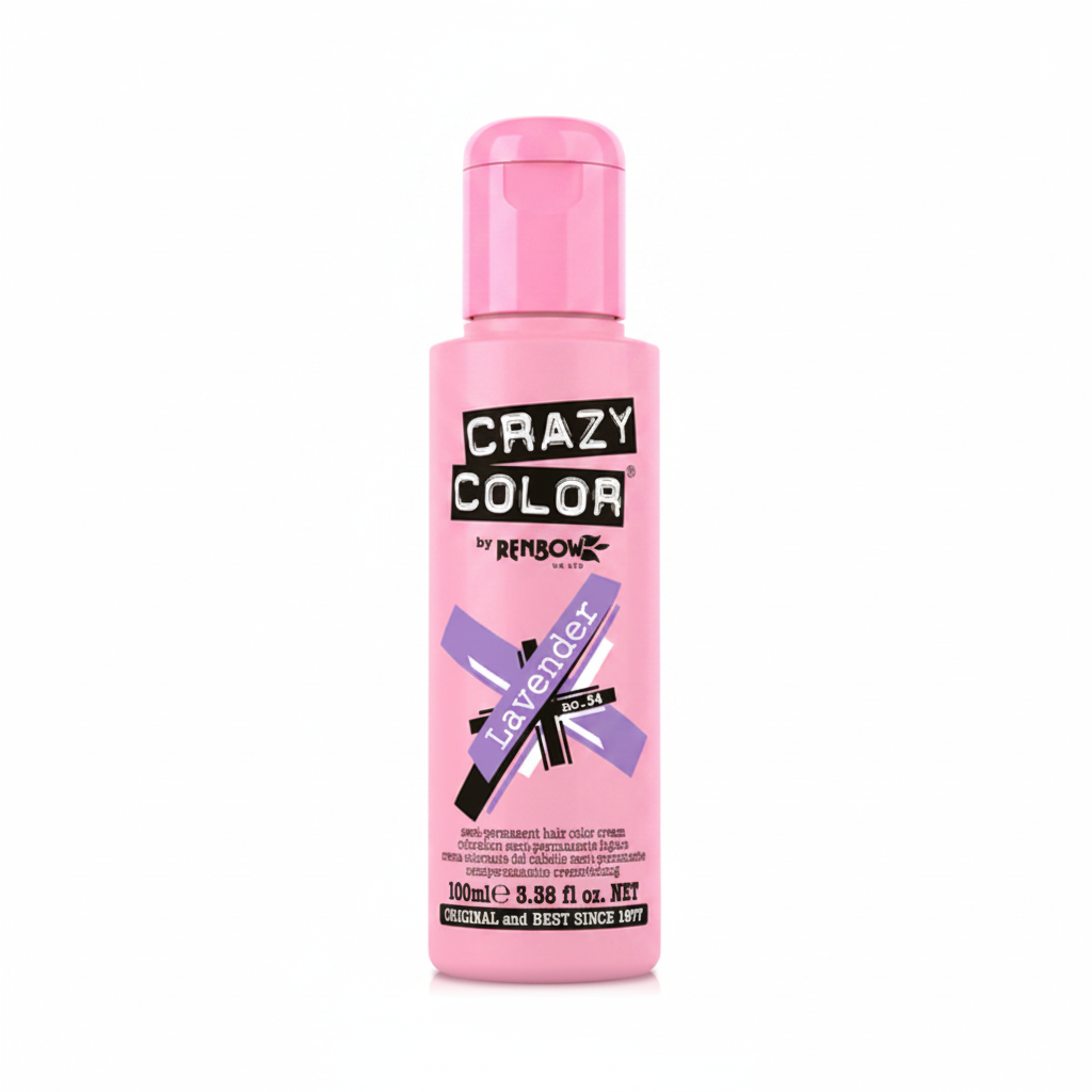 Crazy Color Lavender No.54 Semi-Permanent Hair Dye 100ml on a pure white studio background, candy pink bottle with lavender label graphic